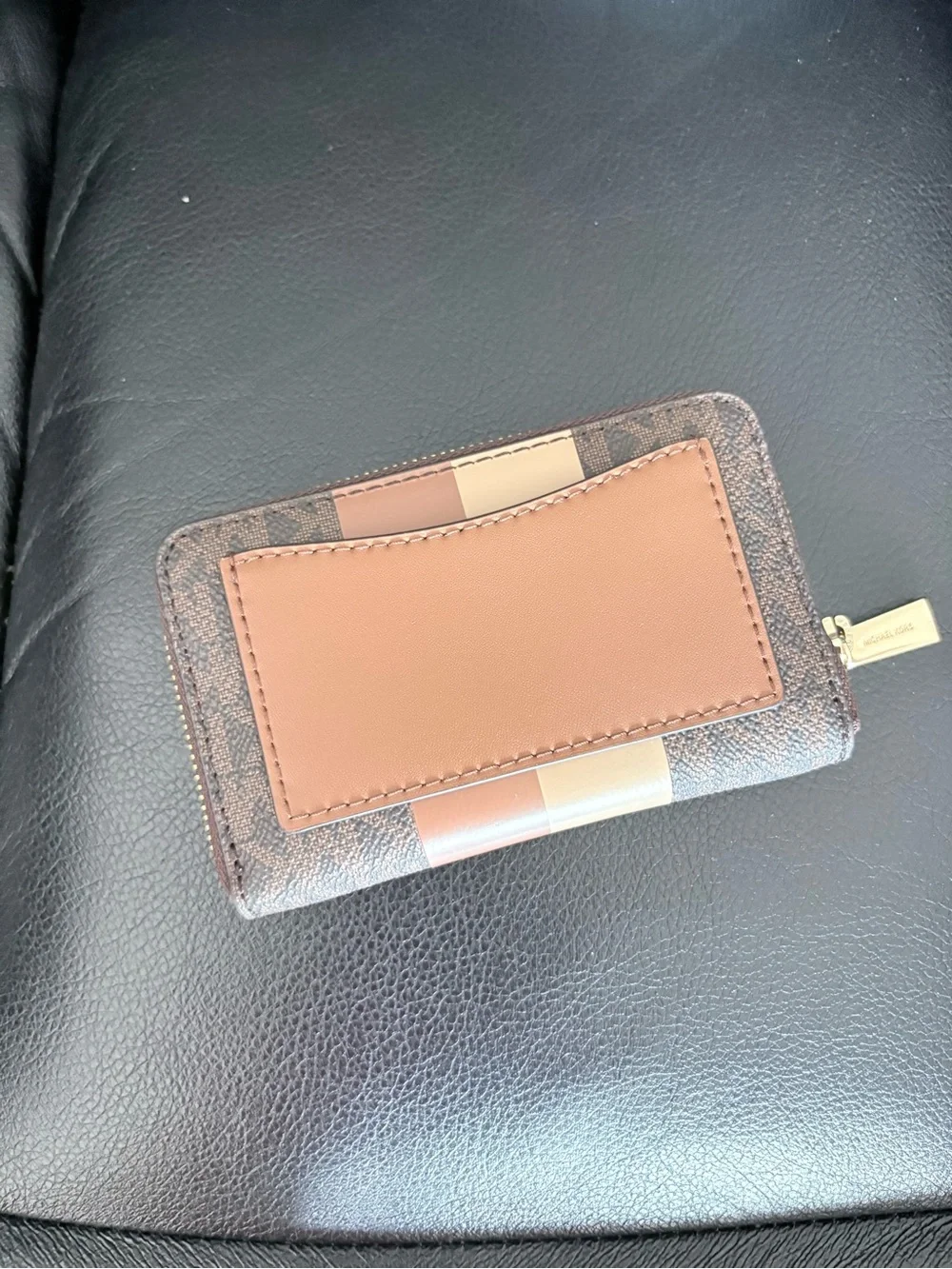 Michael Kors Brown Logo Zip Wallet with Beige and Tan Stripes